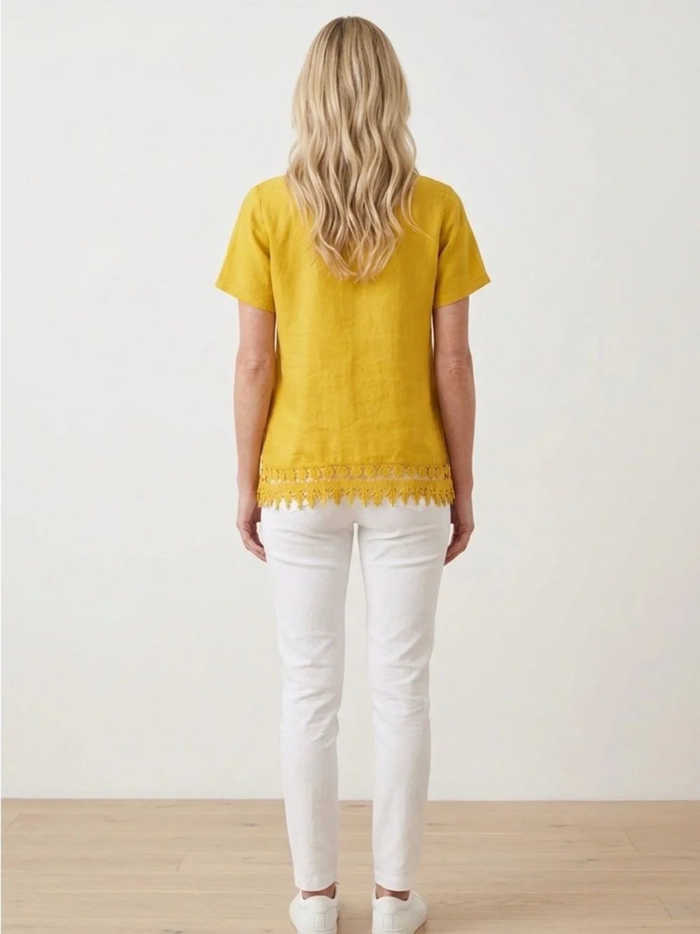 Terzo Millennio Linen Mustard Short-Sleeve Lace-Hem Top Size Small